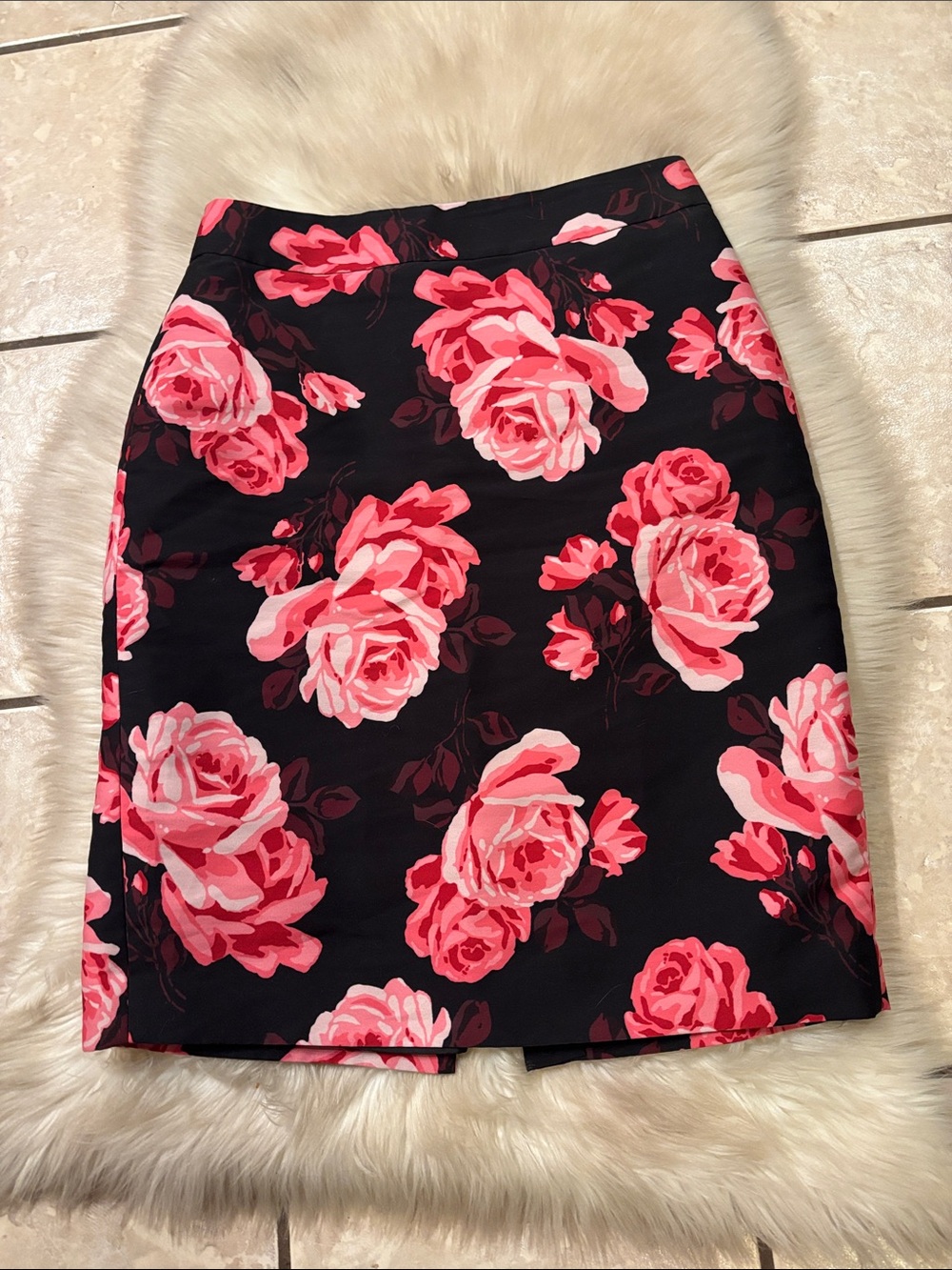 Kate Spade Floral Pencil Skirt - Black with Pink Rose Print